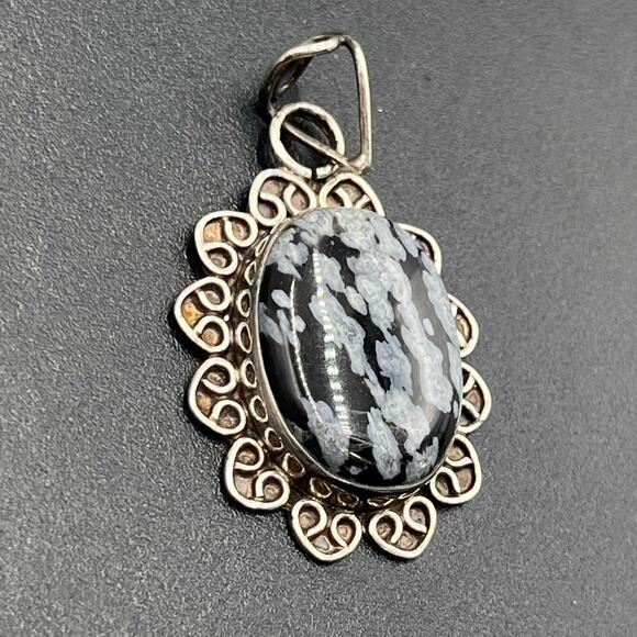 Black White Snowflake Obsidian and Sterling Silver For Balance Protect Pendant - Picture 4 of 7